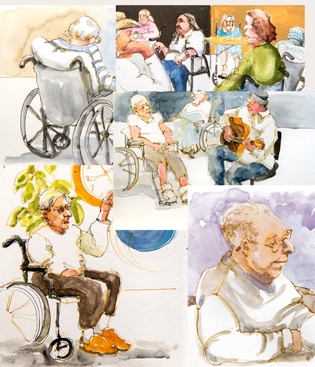 A series of artworks and watercolors from Susan Cornelis' "Nursing Home Sketches" collection.